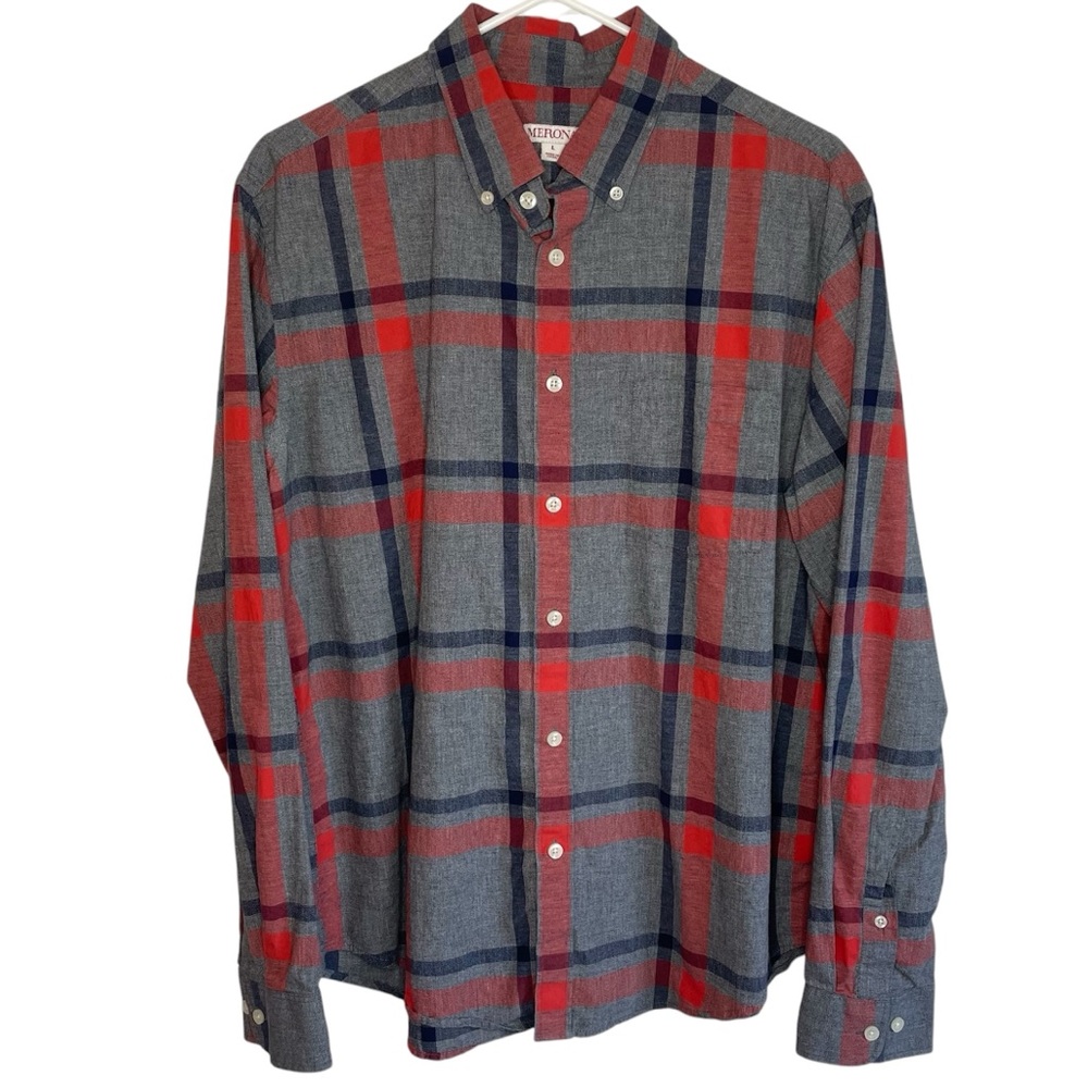 Merona Gray & Burnt Orange Plaid Collared Long Sleeve Casual Button Down Shirt
